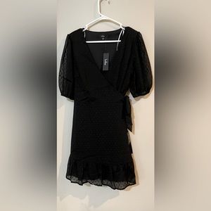 Lulus Sweetly Styled Black Swiss Dot Ruffled Puff Sleeve Wrap Dress
